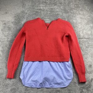J. CREW Knit Long‎ Sleeve Wool Sweater Chambray Faux Shirt Womens XXS Red